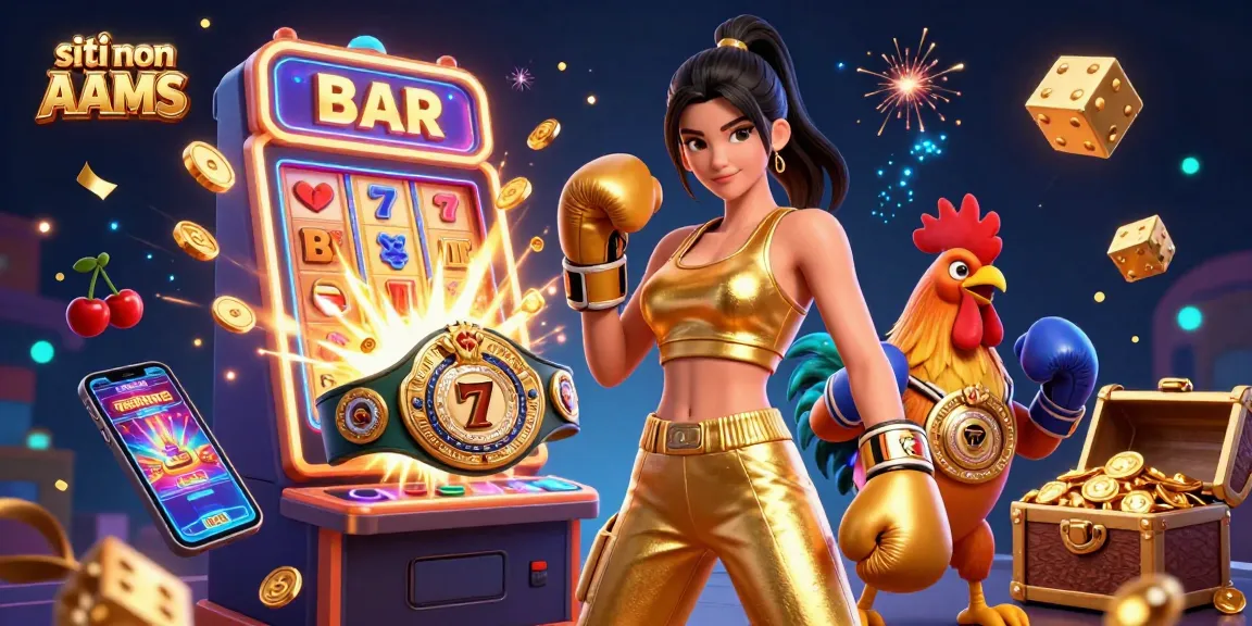 Siti non AAMS presenta una scena di casinò vibrante con una potente atleta femminile e un gallo da campionato, circondati da dinamici elementi di gioco d'azzardo.