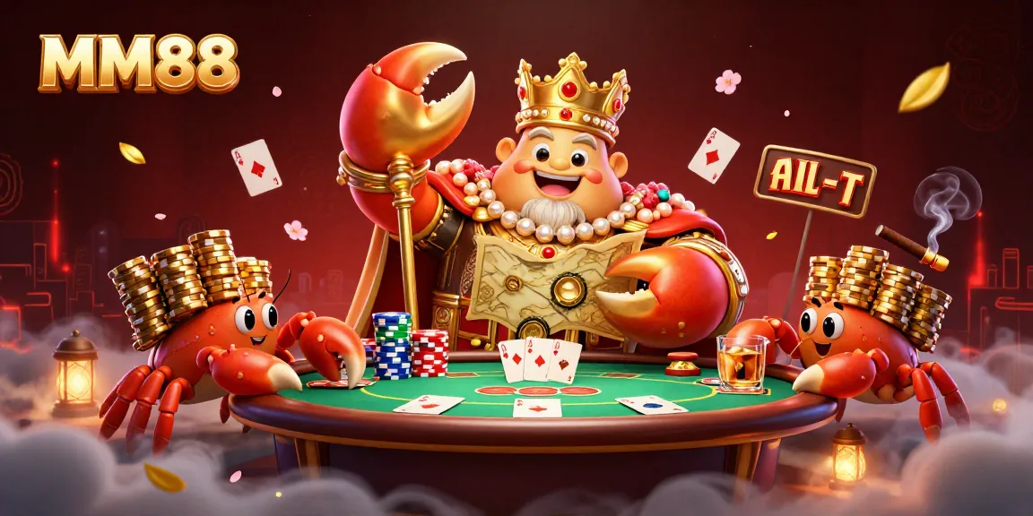 Get ready for MM88 action with a lavish crab emperor surrounded by poker thrills and vibrant details.