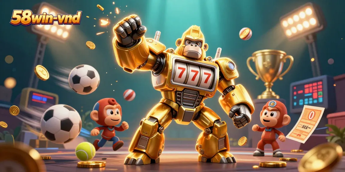 Win big with 58win-vnd in an engaging 3D casino scene featuring a golden gorilla mech.
