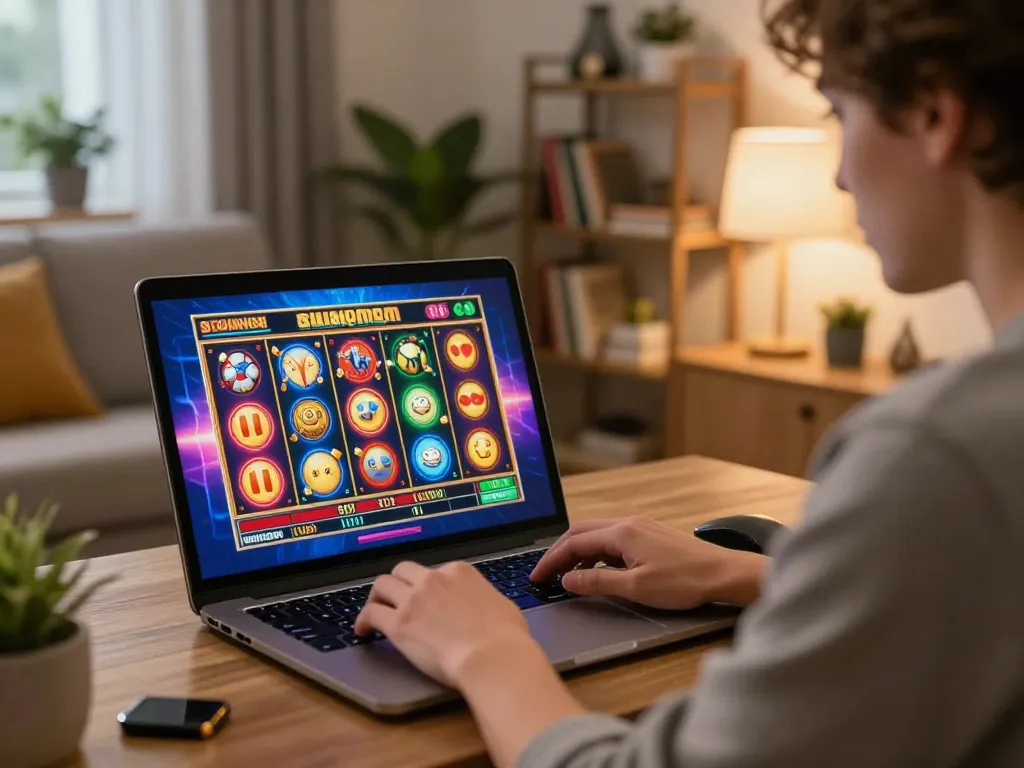 Engaged player enjoying O8 online slots on a laptop in a cozy living room, showcasing vibrant game interface.