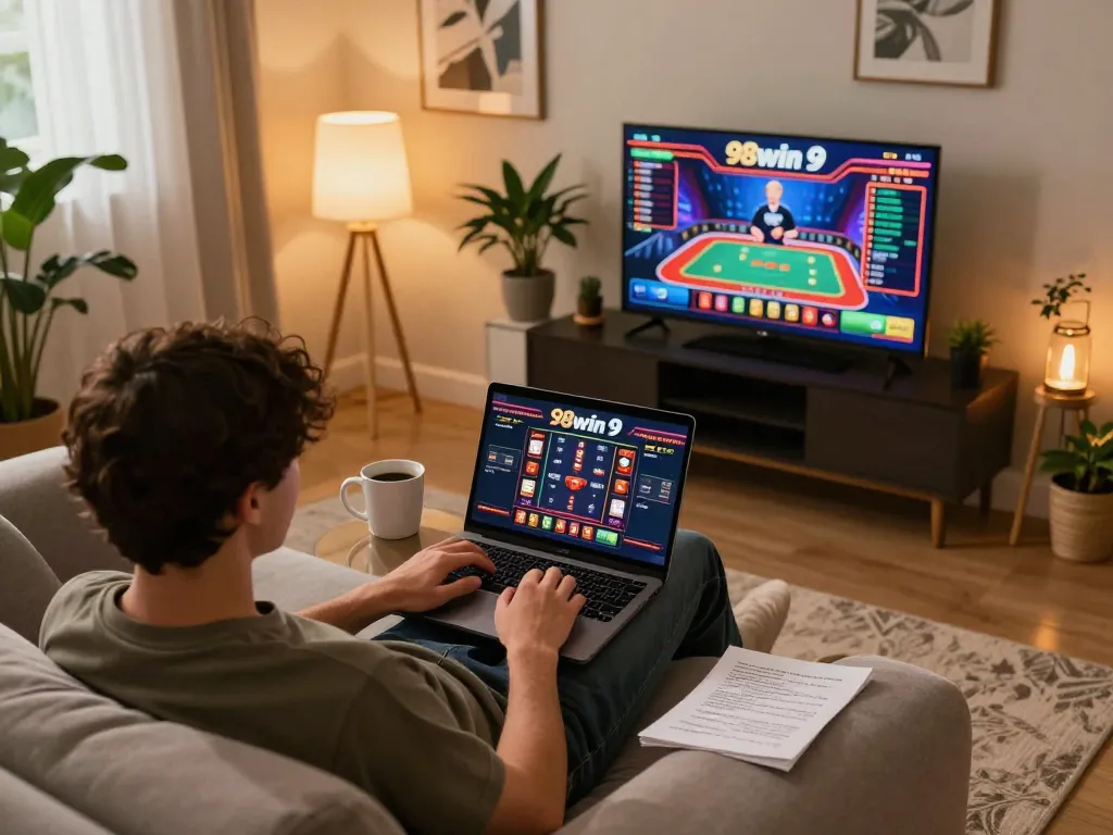 Engaging gaming scene on 98win 9 with player using laptop for online betting and strategizing