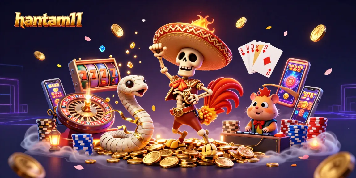 Experience the thrill at hantam11 with a festive victory scene of a mariachi rooster, mummy snake, and zombie DJ.