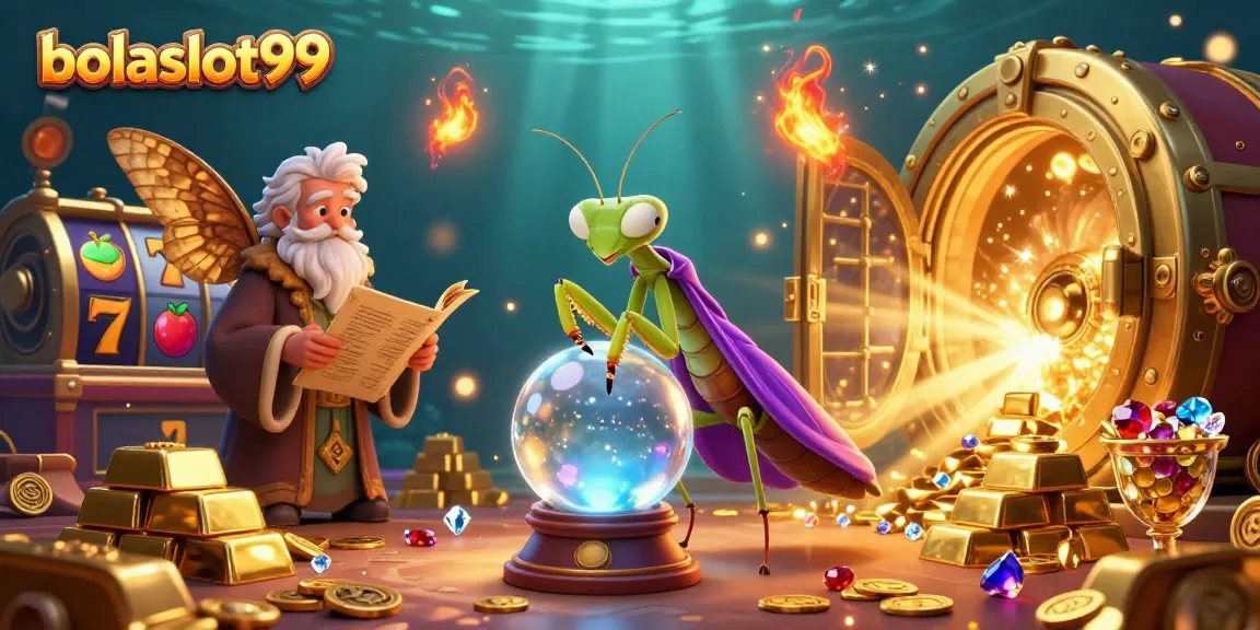 Experience bolaslot99's vibrant casino atmosphere with a fortune teller and librarian amidst sparkling treasures.