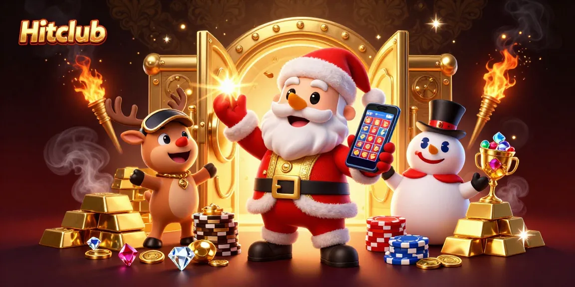 Hitclub players celebrate big wins in an exciting 3D casino scene with jackpot symbols and treasures.