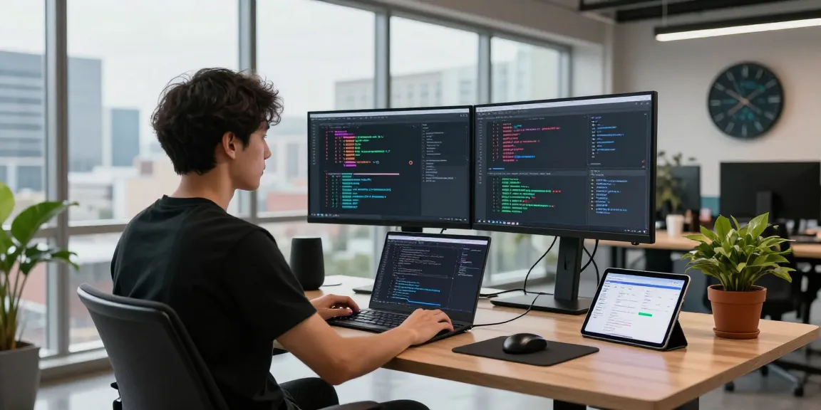 Professional software developer at telegraimin.com coding in a modern workspace with dual monitors and a city view.
