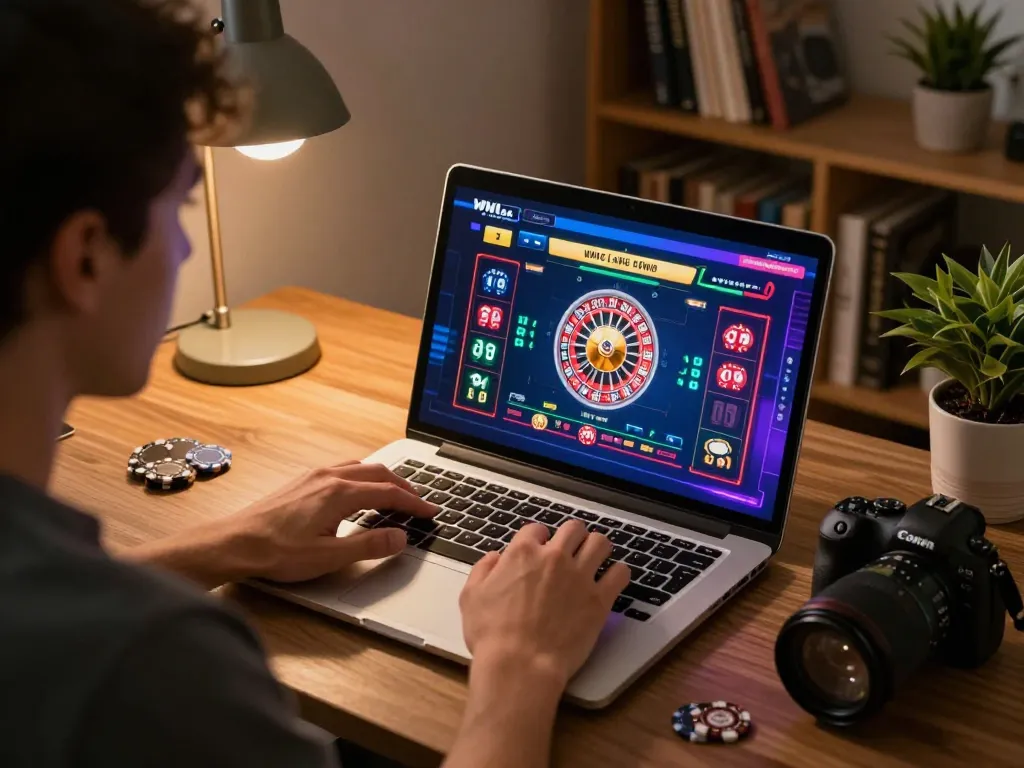 Engaged player strategizing at a white label casino on a laptop, warm home environment.