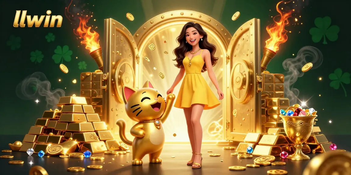 Experience llwin's vibrant online gaming with golden treasures and cheerful Asian characters.