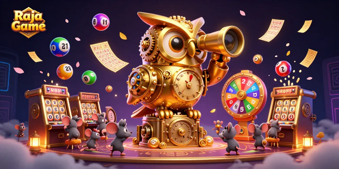 Experience Raja Game's exciting lottery action with vibrant illustrations of casino elements.