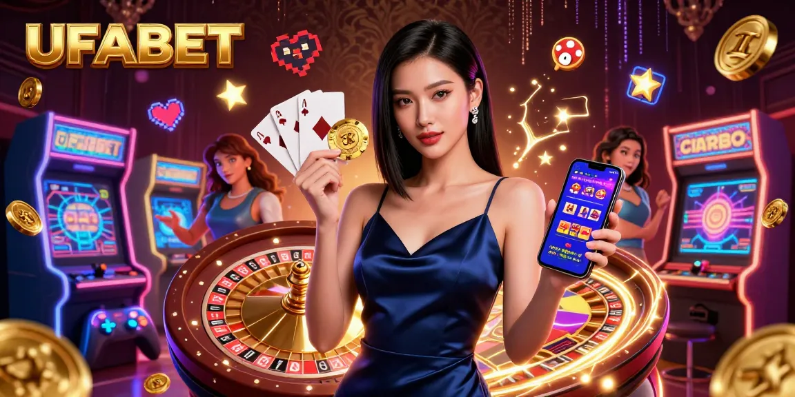 Experience UFABET's thrilling online casino action with a photorealistic character and vibrant game elements.