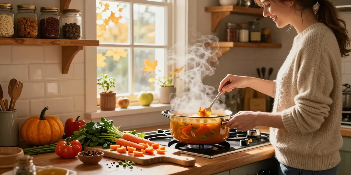 Leckere vegane Suppen köcheln in einer gemütlichen Küche, frisches Gemüse und Kräuter herum.