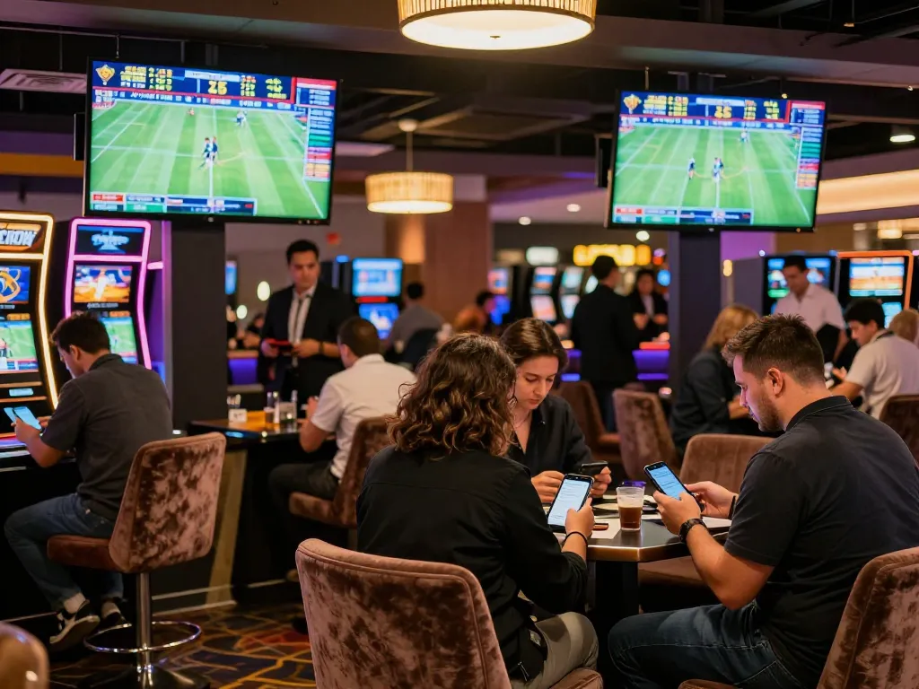 Patrons engaging in sports betting at ALO8 casino, showcasing live odds and excitement.