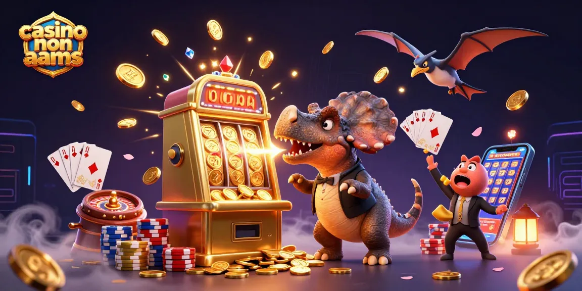 Crea emozioni nei casino non AAMS con un pachycephalosaurus che colpisce una slot machine dorata per ottenere jackpot.