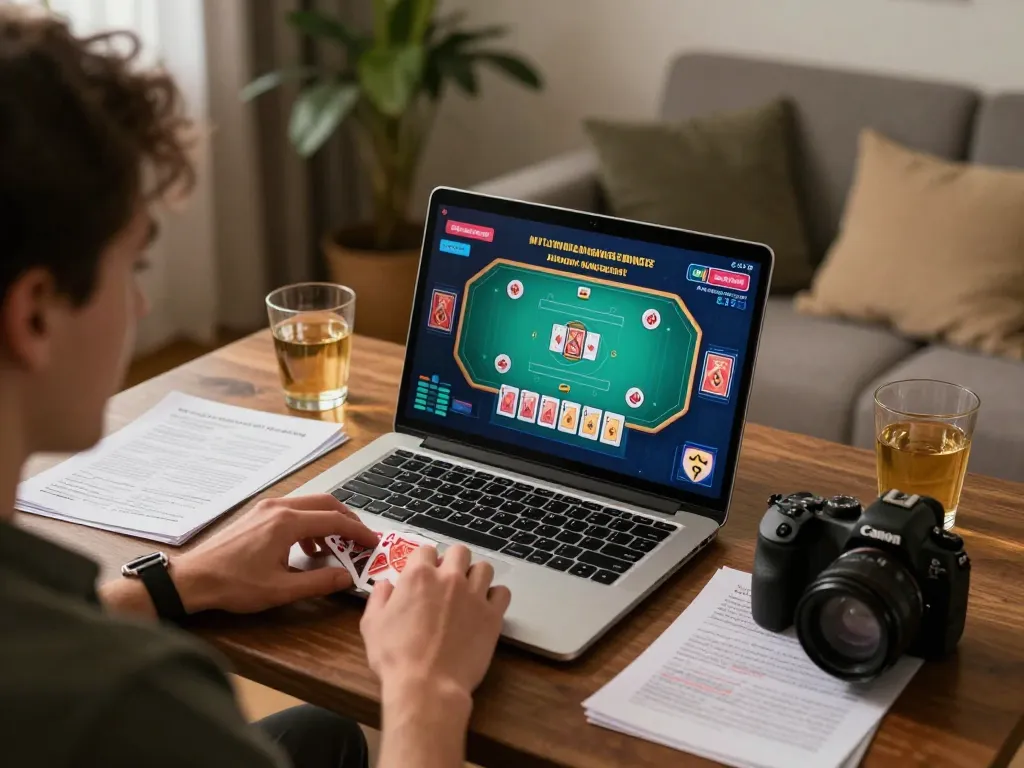 Player engaging in iWin online casino gameplay on laptop, surrounded by strategy notes in a cozy home.