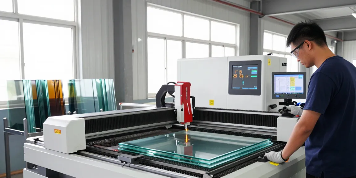 CNC glass cutting machine operated by technician in a bright industrial workshop, showcasing advanced processing technology.