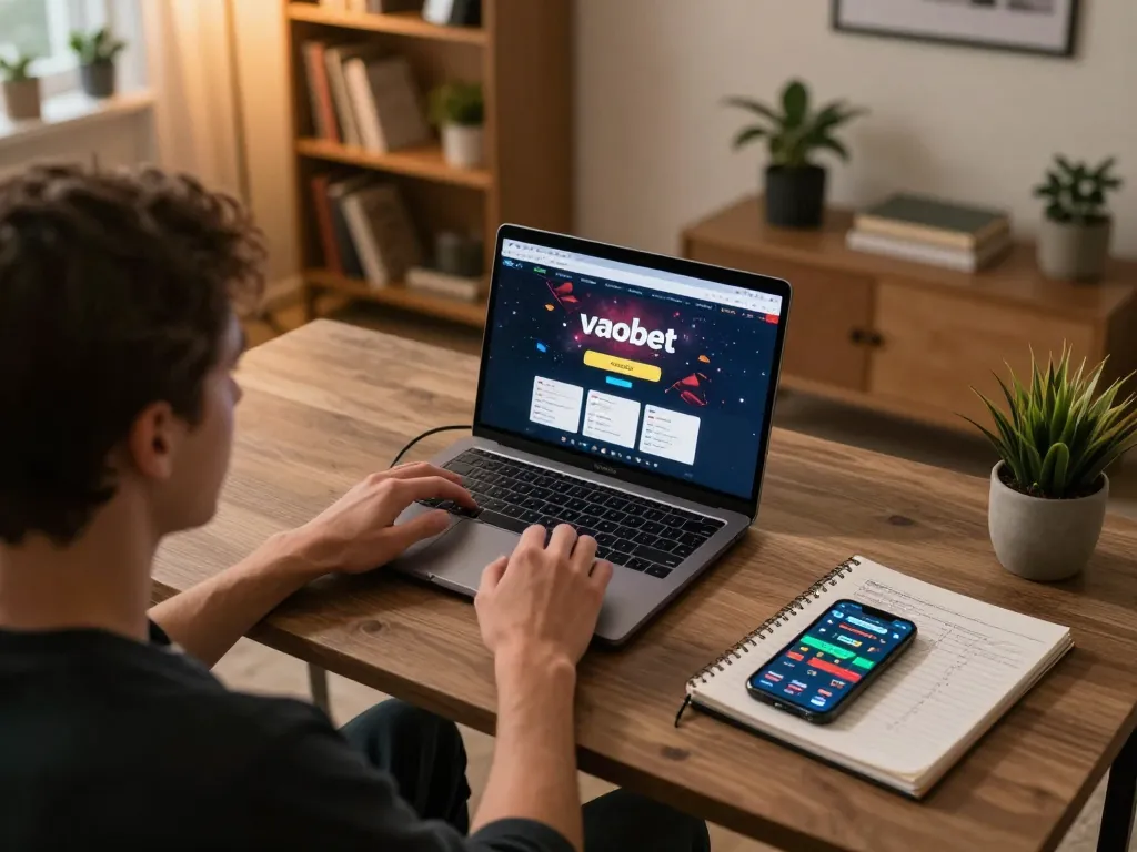Engaging in online gaming with vaobet on a laptop at a cozy home setup, showcasing strategic betting.