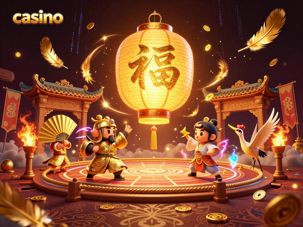 Experience the excitement of a vibrant casino filled with golden elements and animated characters.
