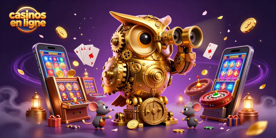 Illustration de jeux captivants dans les casinos en ligne, avec un hibou doré et des souris entre les machines à sous