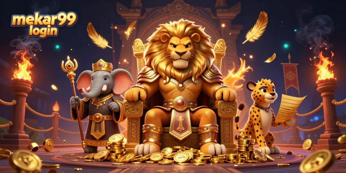 Mekar99 login feature showcases an interactive gaming experience with royal characters and coins.