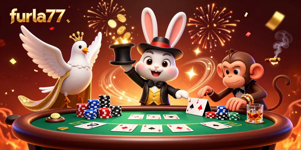 Experience exciting wins at furla77 while the magician and monkey entertain players at a vibrant casino scene.