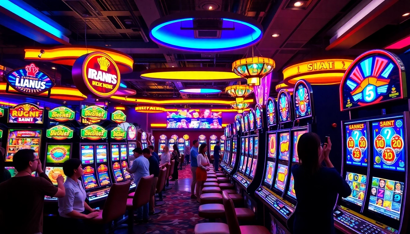 Slot gacor hari ini di mesin slot yang ceria dan penuh warna dengan pemain yang bersemangat.