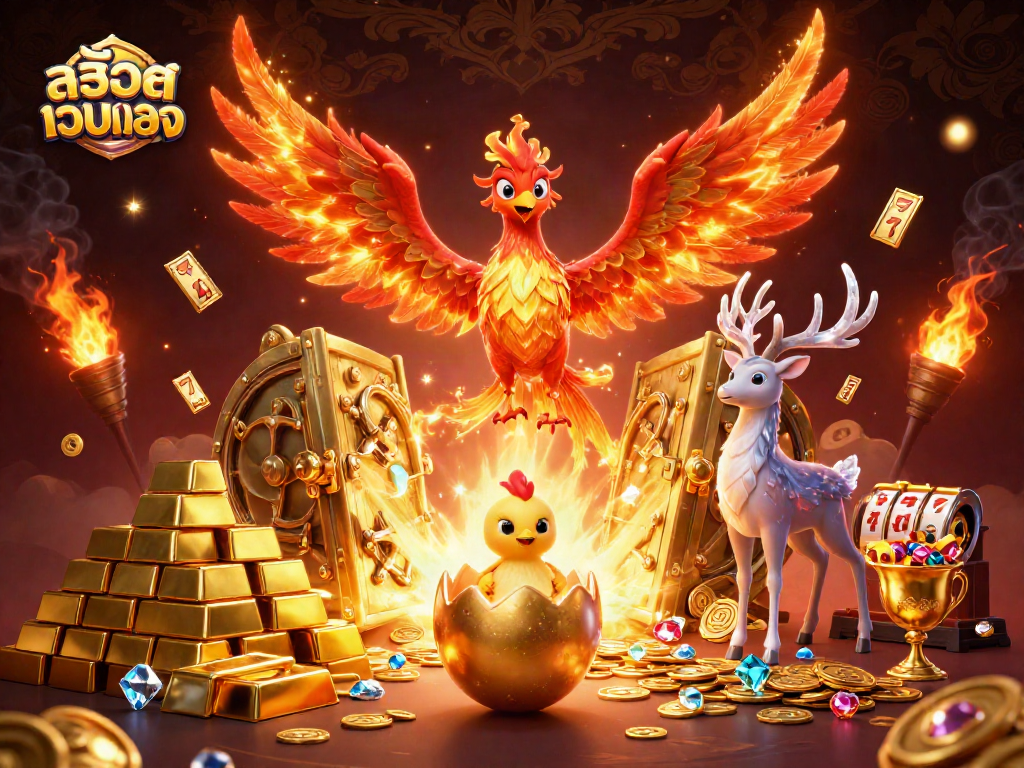 Experience the thrill of สล็อตเว็บตรง as the golden phoenix rises amidst jewels and slot elements.