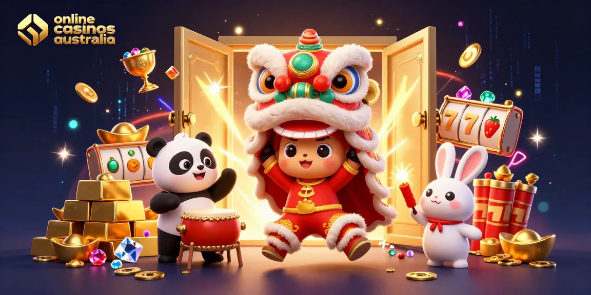 Explore the vibrant scene of online casinos Australia with a lion dance, panda, and fortune treasures.