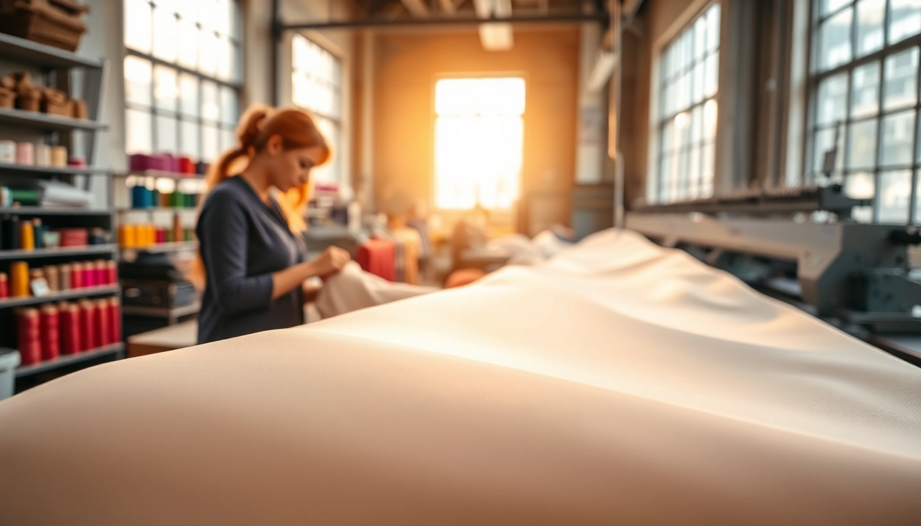 Viscose fabric roll being worked on by a seamstress in a bright studio.