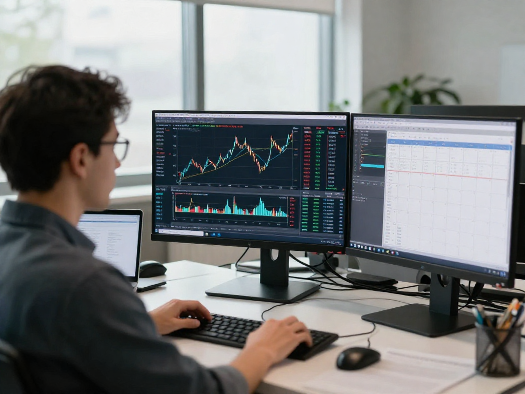 使用 Metatrader 5 的交易者在现代办公室中分析市场数据,专注于多屏幕和高级图表。