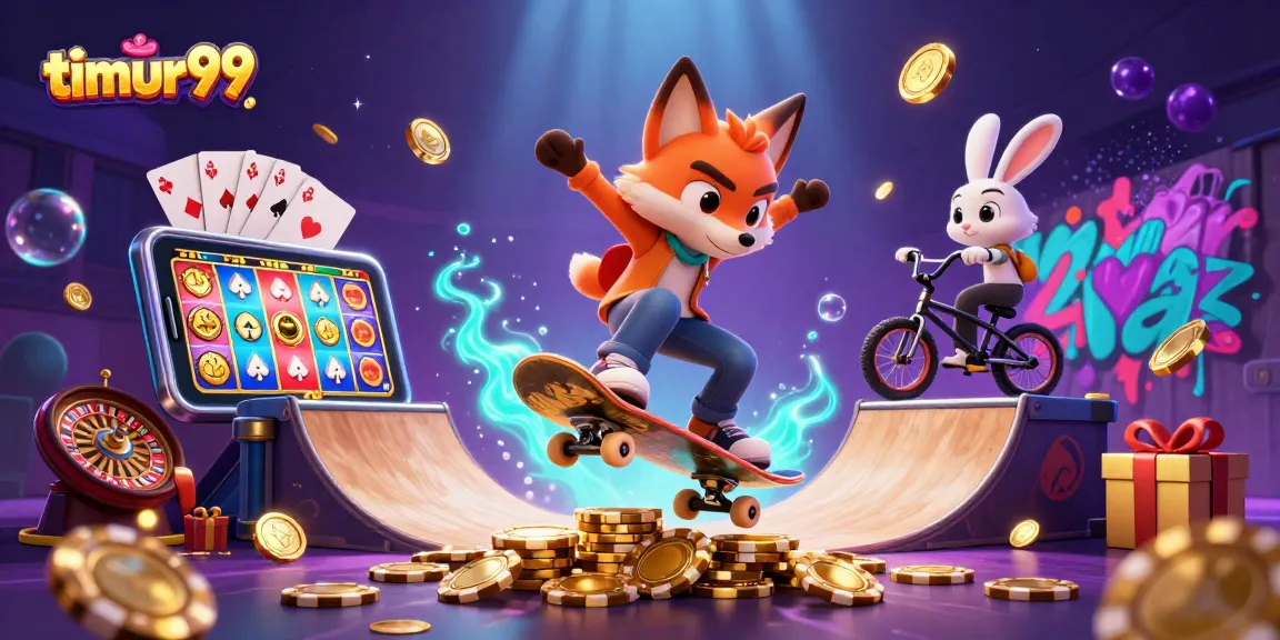 Engage with timur99's vibrant casino world showcasing a 3D fox skateboarder and gaming elements.