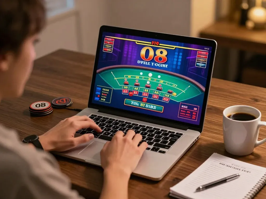 Player enjoying O8 online casino gaming on a laptop while sipping coffee and reviewing strategy notes.