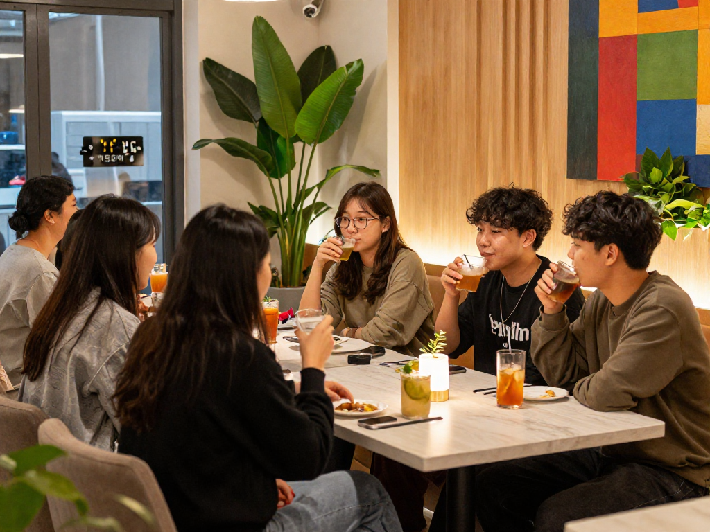강남쩜오 멀리건의 아늑한 공간에서 친구들과 편안하게 대화하며 음료를 즐기는 모습