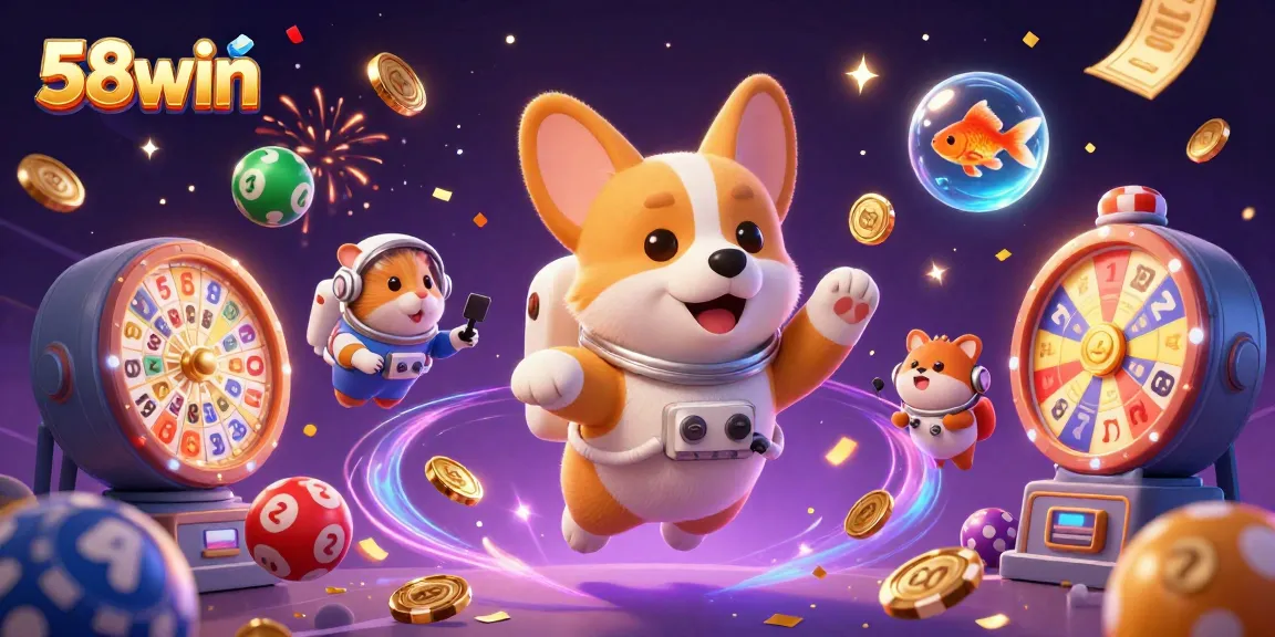 Engage with excitement at 58win by exploring vibrant spaces filled with lottery balls, poker chips, and golden coins.