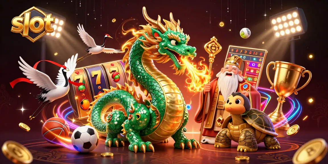 Spin winning slots with a dragon, turtles, and lucky cranes in a vibrant 3D casino scene.