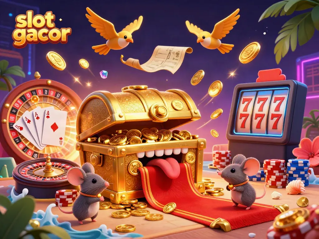 Engage with the slot gacor experience through a vibrant casino scene filled with treasure, excitement, and winning chances.