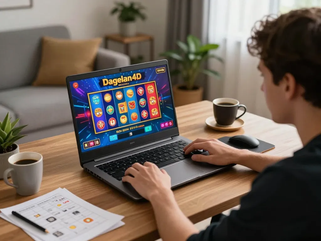 Player enjoying dagelan4d online casino games on a cozy setup at home, showcasing vibrant graphics and strategic notes.