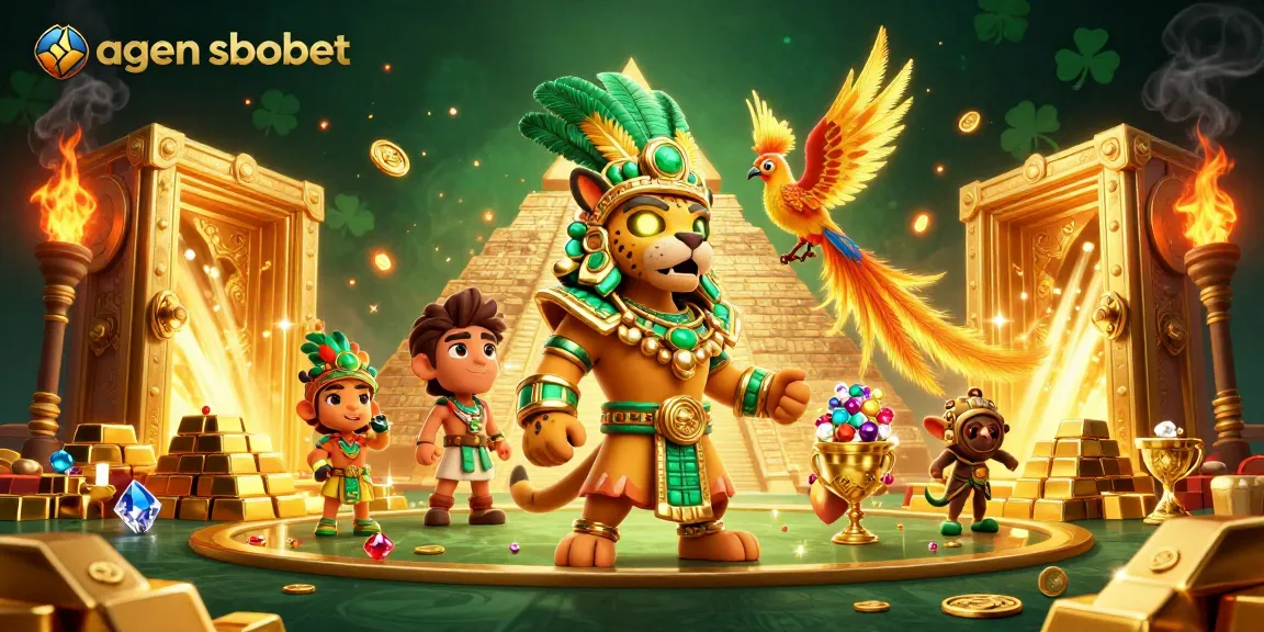 Agen sbobet brings thrilling casino vibes with rich golden treasures and enchanting characters in a vibrant scene.