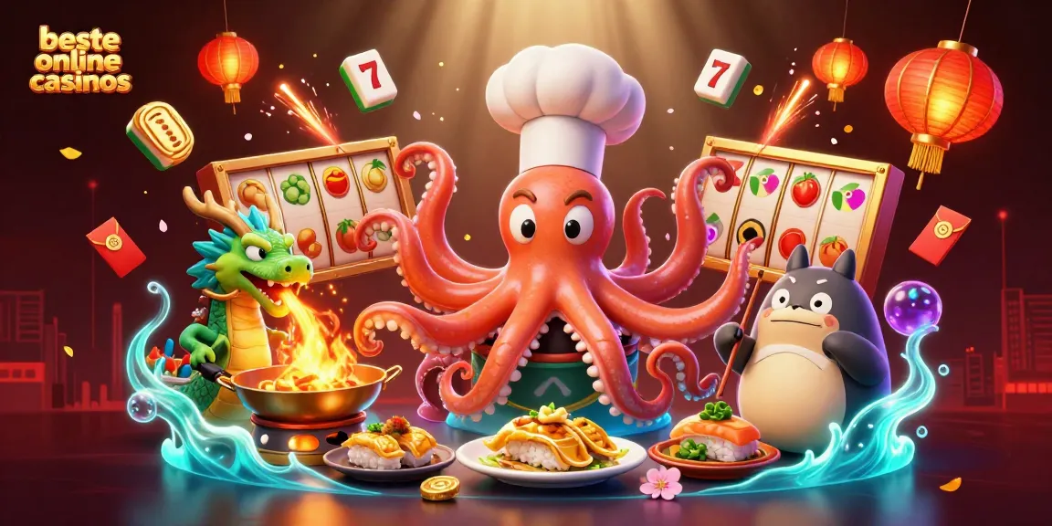 Experience the vibrant world of beste online casinos with an energetic 3D scene featuring a dynamic sushi chef octopus, fiery dragon, and lucky tanuki.