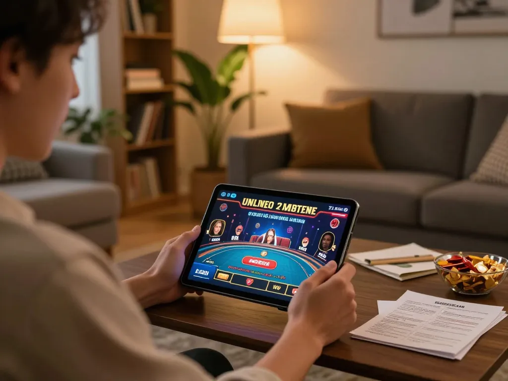 Engaged player explores rikvip online casino on tablet in cozy home setting, showcasing strategic gambling!