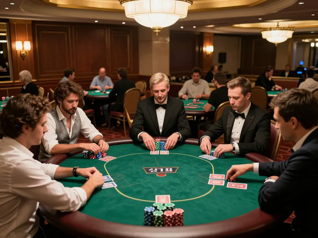 Houston Injury Attorney focused on strategic gameplay at a poker table in a luxurious casino environment.