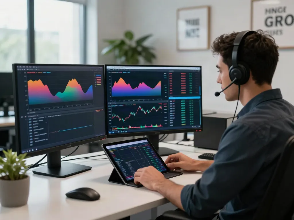 Focused trader analyzing TradingView charts in a modern office setting