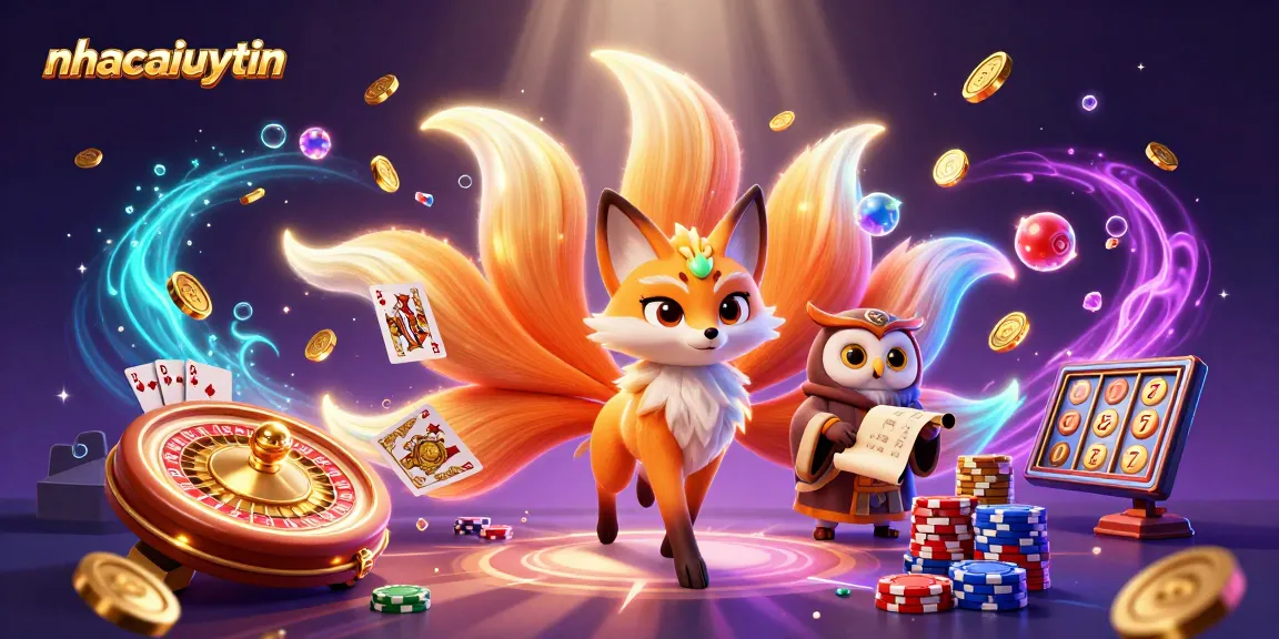 nhacaiuytin showcases a vibrant 3D illustration of a fox spirit with glowing tails in a dazzling casino environment