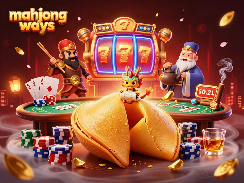 Engage in mahjong ways gameplay with a golden fortune cookie scene and vibrant casino elements.