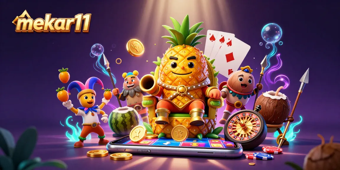 Mekar11 leads the casino scene with a golden pineapple king and dynamic game elements in a vibrant digital illustration.