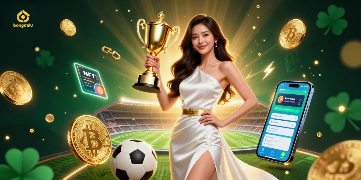 Experience the thrill of victory at bongdalu with a confident Asian woman holding a trophy among sports betting elements.