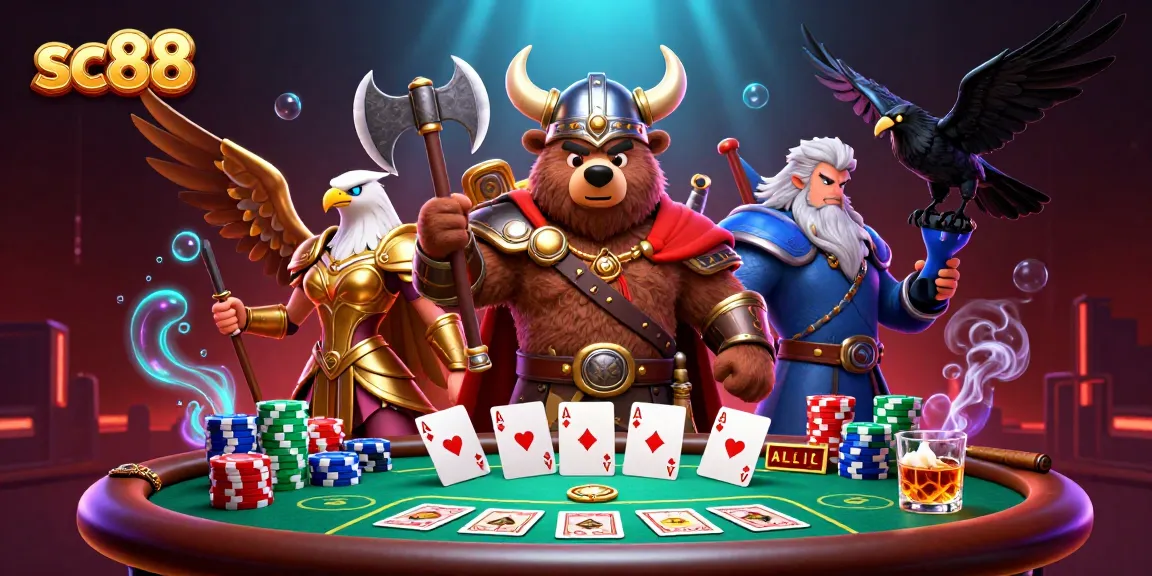 Engage in thrilling poker action with the sc88 Viking bear and Valkyrie eagle at a colorful table.