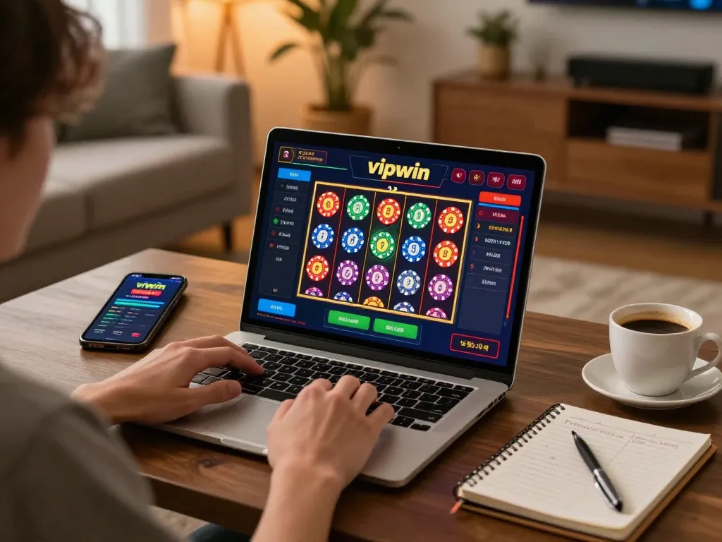Engaging in a strategic session at vipwin casino with online gameplay on laptop, showcasing vibrant slot interface and betting tools.