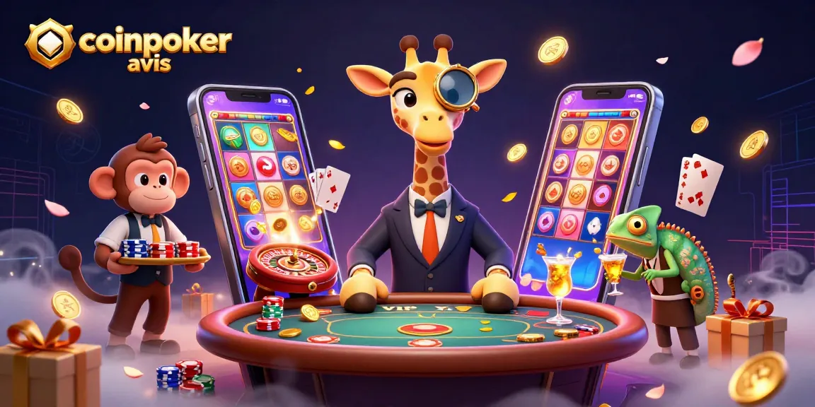Découvrez la plateforme CoinPoker avis avec une girafe jouant aux cartes et un valet en pleine action de jeu.