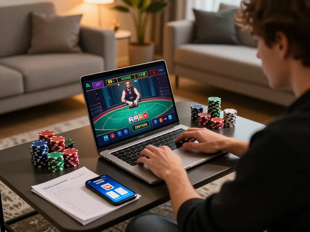 Engaged player gambling online at 78wingo, focused on live dealer game on laptop.