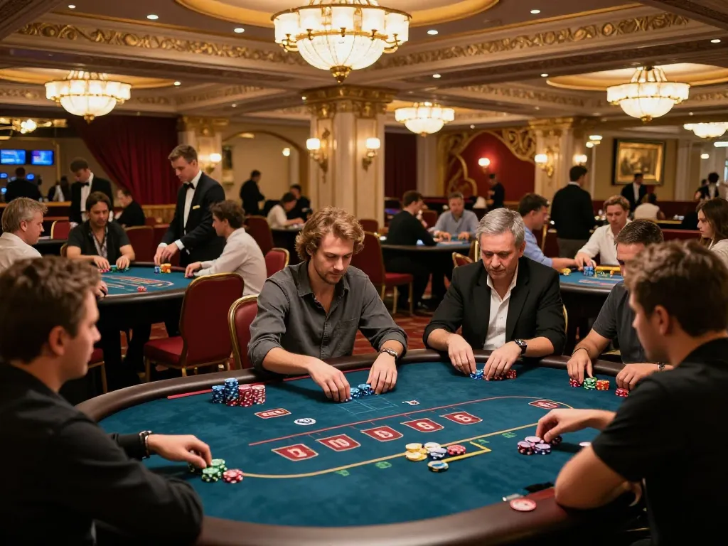 Boca Raton Construction Litigation Lawyer overseeing strategic poker game actions amidst vibrant casino atmosphere.