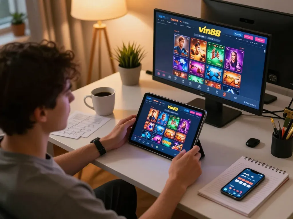Engaging with vin88's online casino from a cozy home setup showcasing tablet gameplay.